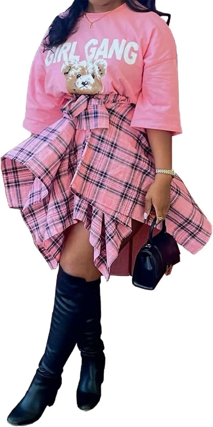 RAMOUG Summer Knot Skirts for Women Plaid Asymmetrical Hem High Waist Y2K Mini Short Skirt