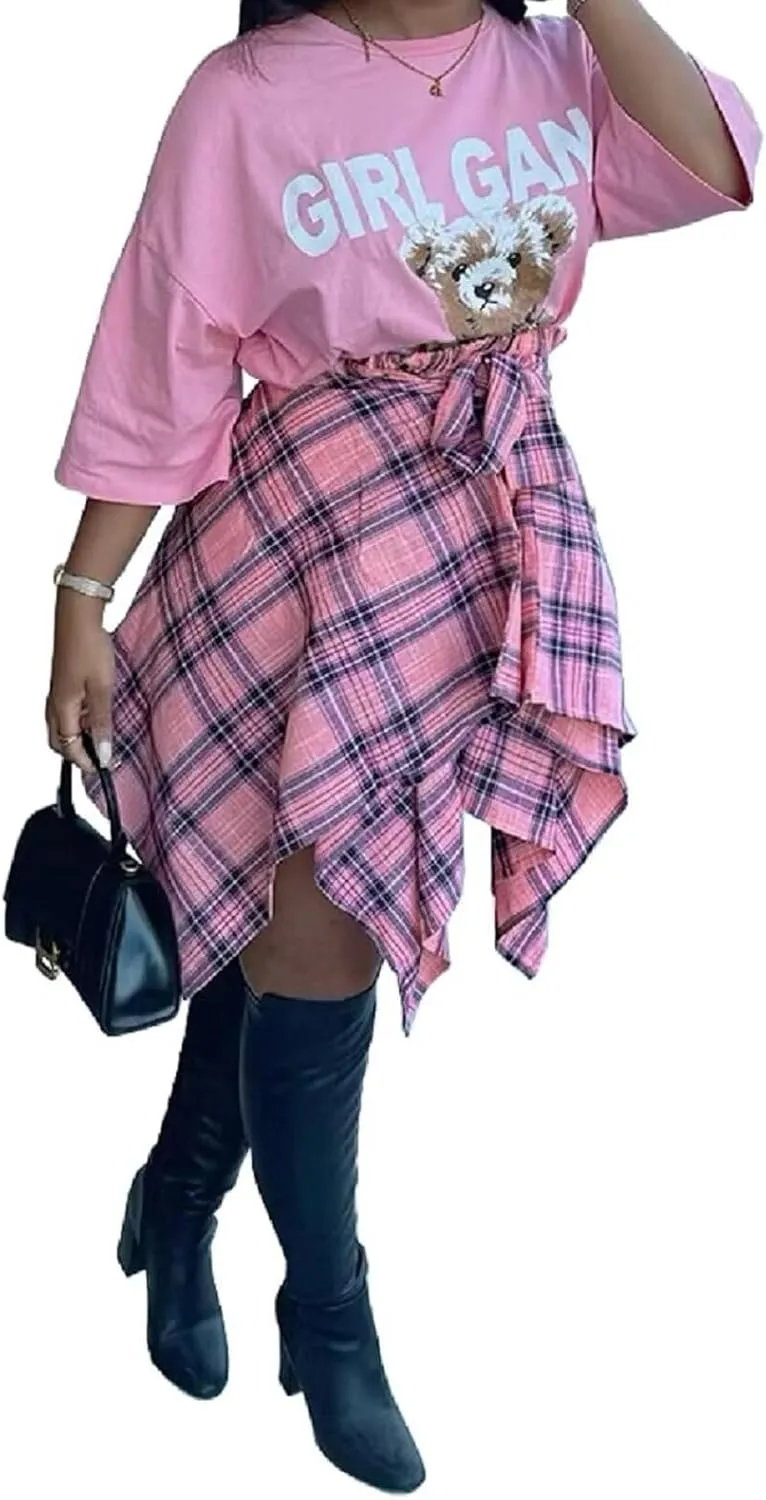 RAMOUG Summer Knot Skirts for Women Plaid Asymmetrical Hem High Waist Y2K Mini Short Skirt