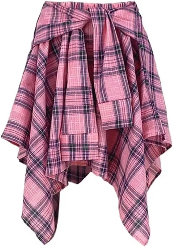 RAMOUG Summer Knot Skirts for Women Plaid Asymmetrical Hem High Waist Y2K Mini Short Skirt