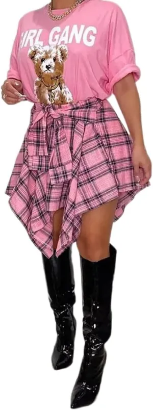 RAMOUG Summer Knot Skirts for Women Plaid Asymmetrical Hem High Waist Y2K Mini Short Skirt