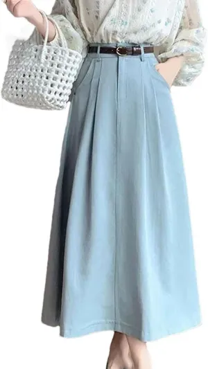 Retro Midi Skirts for Women Spring Summer High Waist A-Line Casual OL Style Umbrella Pleated Long Skirts