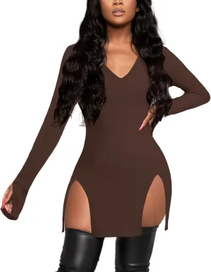 Rooscier Women's V Neck Long Sleeve Side Split Sexy Bodycon Cocktail Mini Dress