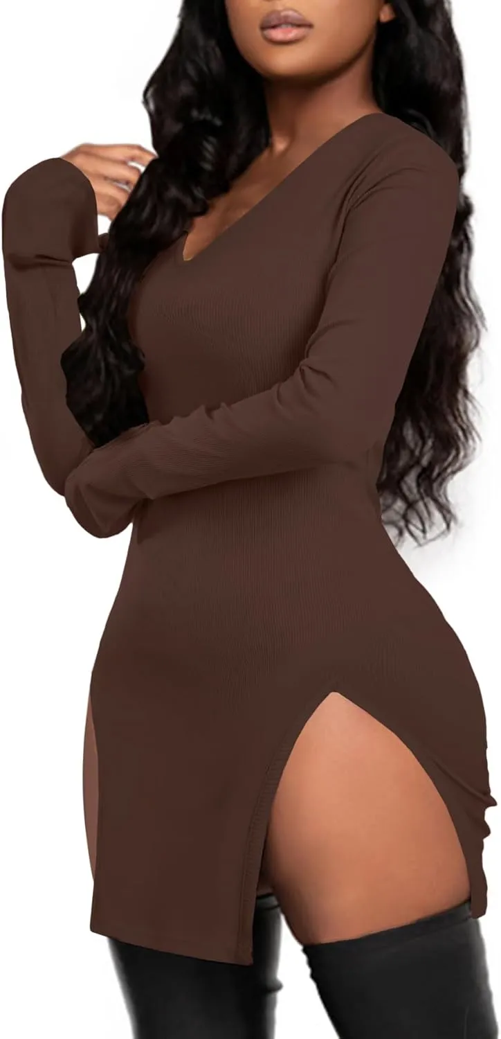 Rooscier Women's V Neck Long Sleeve Side Split Sexy Bodycon Cocktail Mini Dress