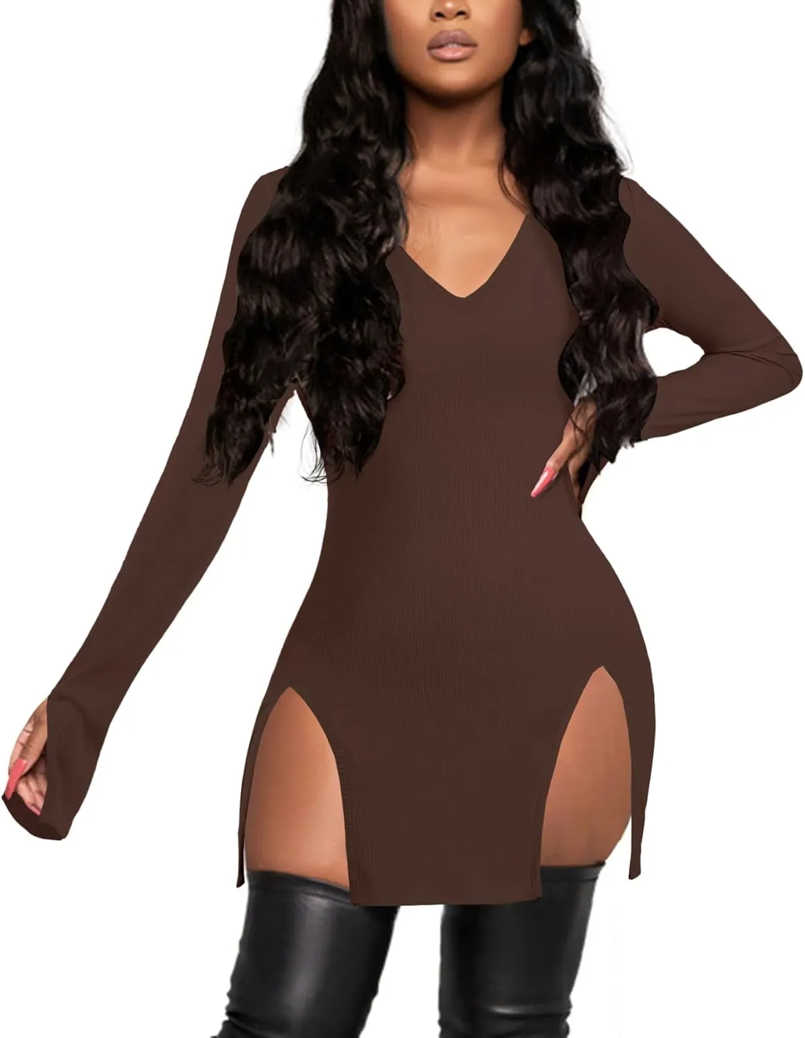 Rooscier Women's V Neck Long Sleeve Side Split Sexy Bodycon Cocktail Mini Dress