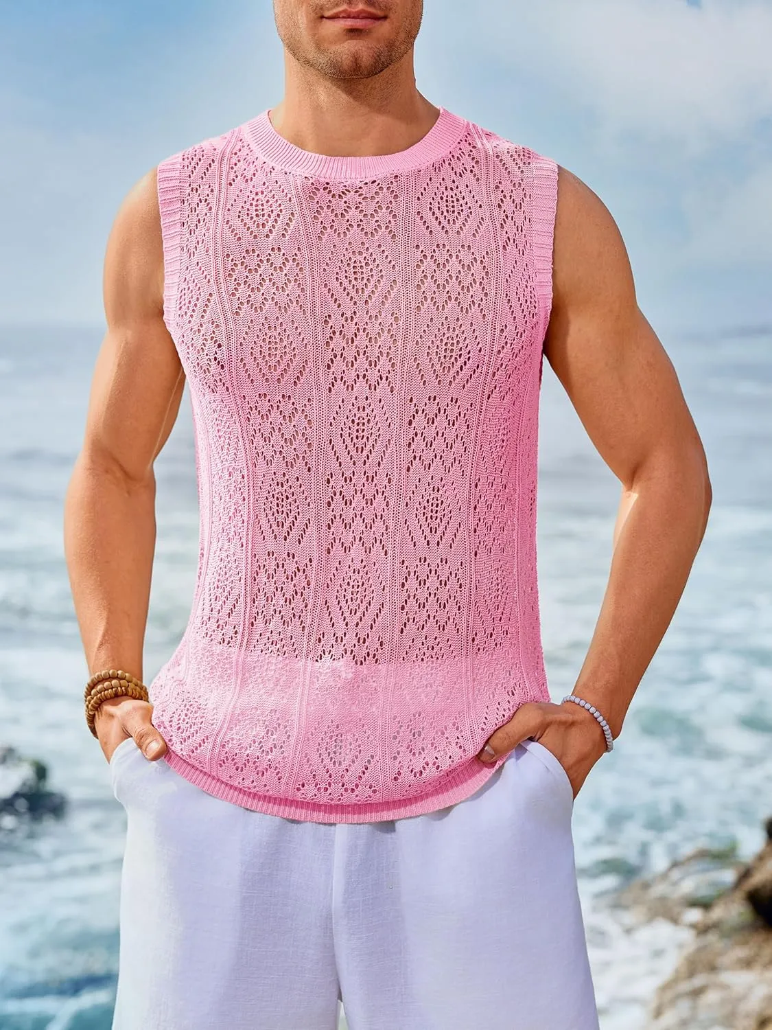Runcati Mens Sleeveless Crewneck Tank Top Casual Mesh Hollow Out Cotton Knit Summer Beach T Shirt