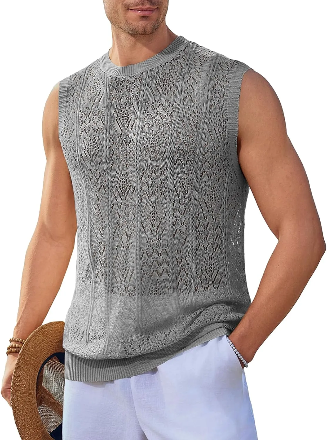 Runcati Mens Sleeveless Crewneck Tank Top Casual Mesh Hollow Out Cotton Knit Summer Beach T Shirt