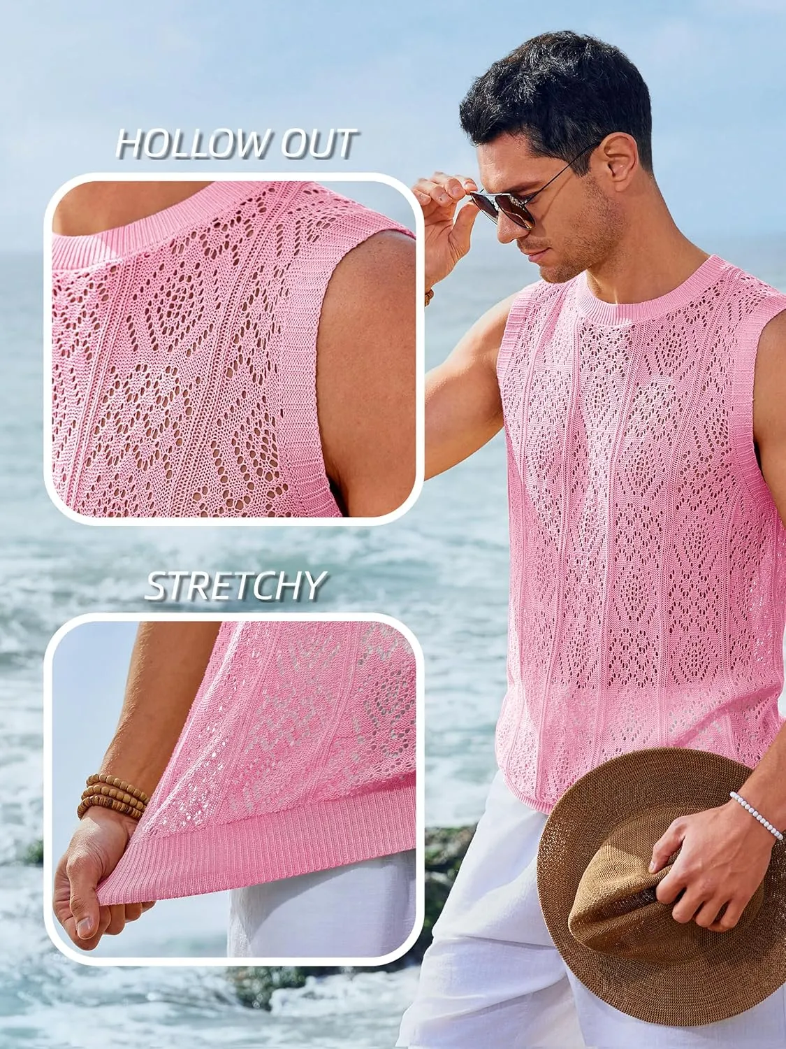 Runcati Mens Sleeveless Crewneck Tank Top Casual Mesh Hollow Out Cotton Knit Summer Beach T Shirt