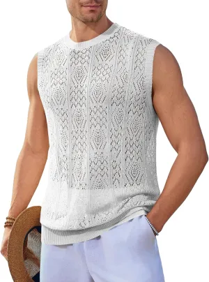 Runcati Mens Sleeveless Crewneck Tank Top Casual Mesh Hollow Out Cotton Knit Summer Beach T Shirt