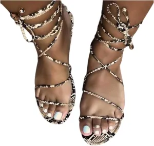 Sandals for Women Dressy,Women Gladiator Sandals Snakeskin Flat Summer Strappy Open Toe Knee High Flat Sandal