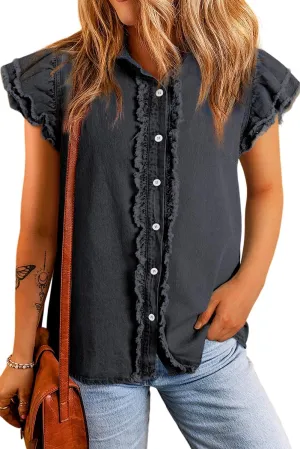 SELINK Womens Short Sleeve T Shirt Casual Button Front Ruffled Flutter Frayed Denim Top Solid Daily Summer Tops