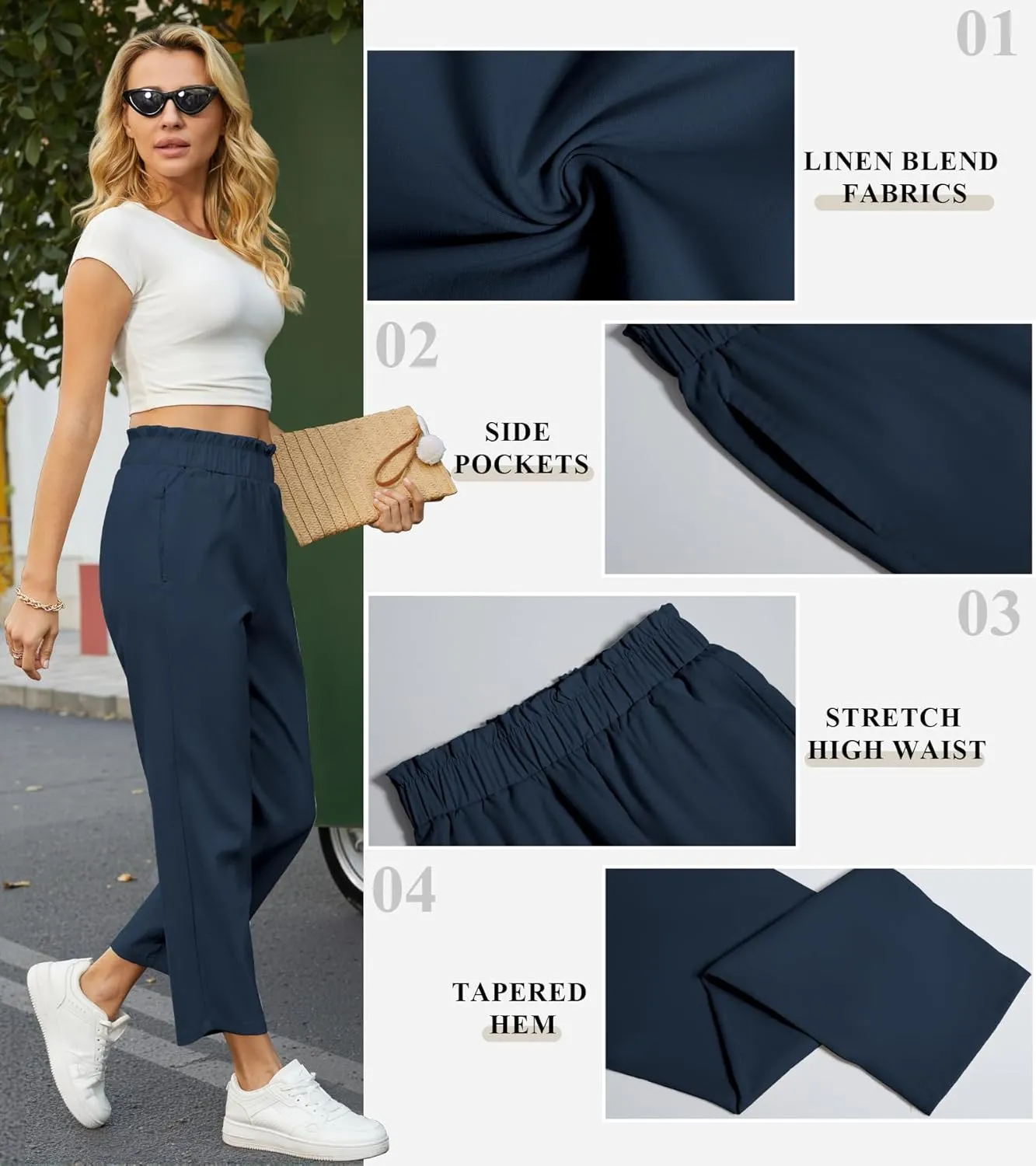 SEMARO Womens Casual High Waisted Linen Feel Pants Tapered Vacation Lounge Pants Trousers with Pockets