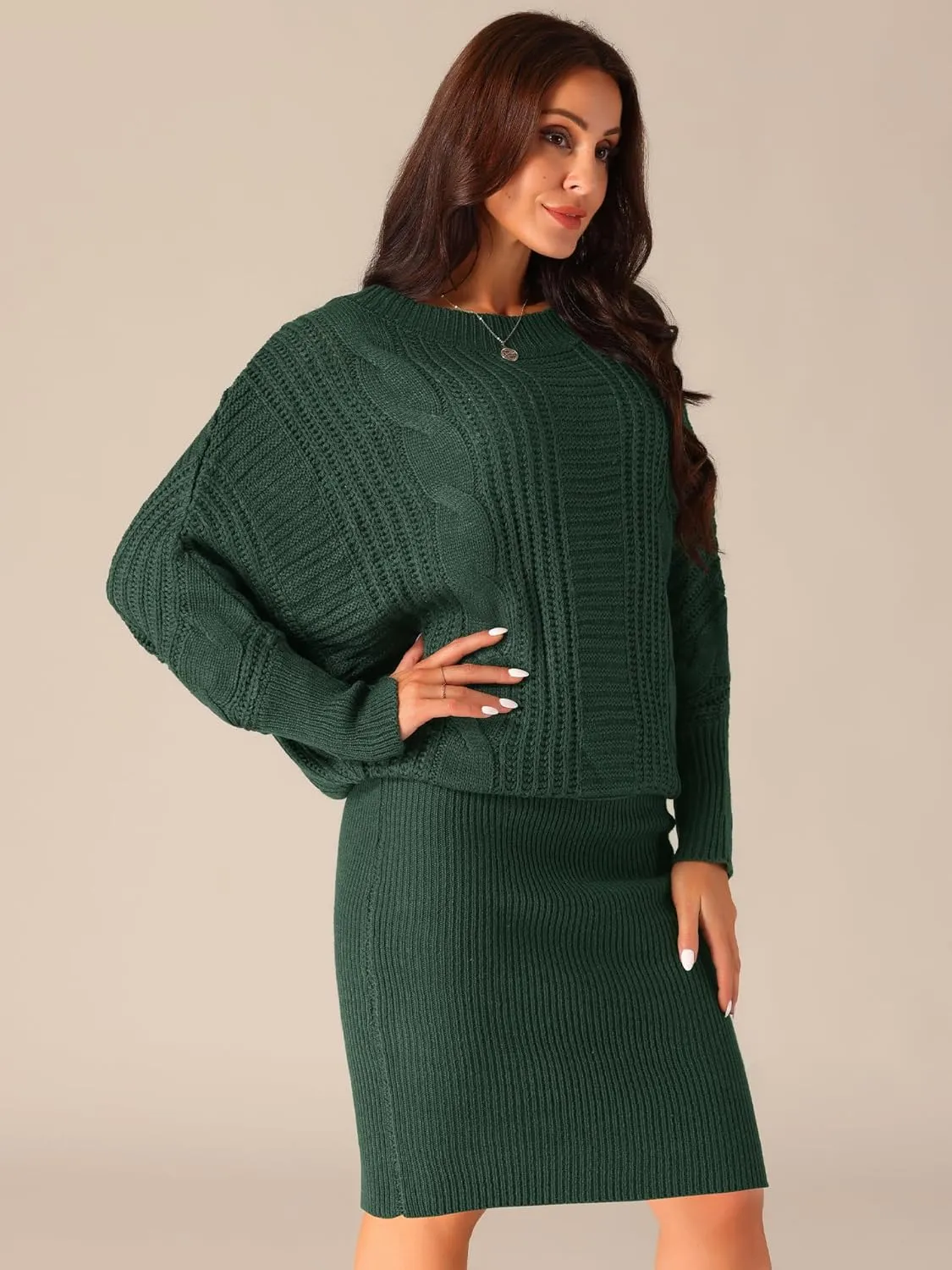 Seta T Women's Long Batwing Sleeve Sweater Dress Cable Knit Chunky Pullover Dresses