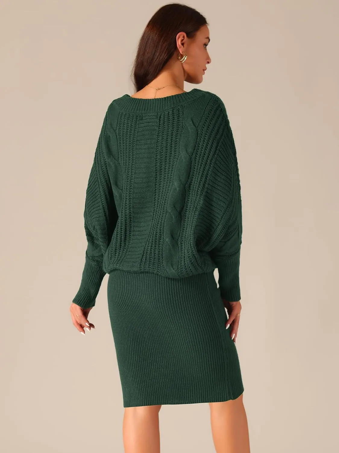 Seta T Women's Long Batwing Sleeve Sweater Dress Cable Knit Chunky Pullover Dresses