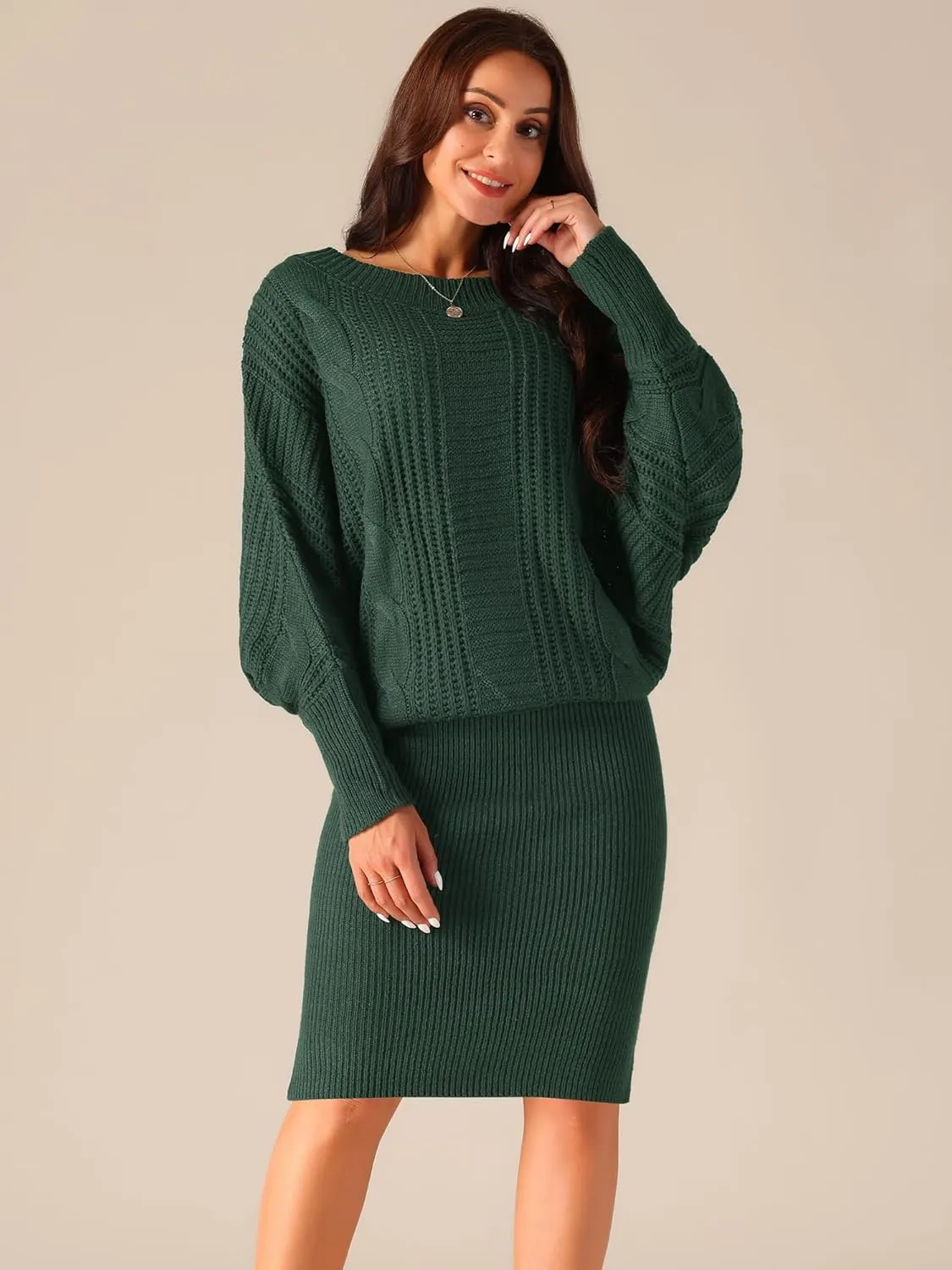 Seta T Women's Long Batwing Sleeve Sweater Dress Cable Knit Chunky Pullover Dresses