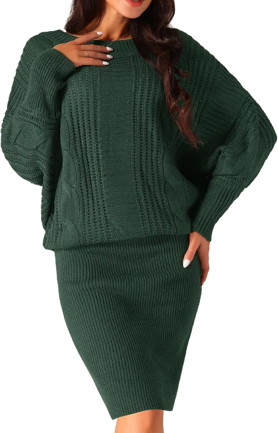 Seta T Women's Long Batwing Sleeve Sweater Dress Cable Knit Chunky Pullover Dresses