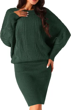 Seta T Women's Long Batwing Sleeve Sweater Dress Cable Knit Chunky Pullover Dresses