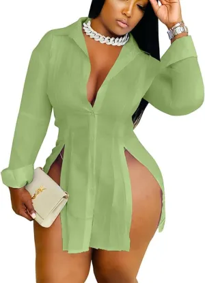 Sexy Shirts for Women Button Up Shirt Dress Outfits Party Long Sleeve Side Split Blouse Top
