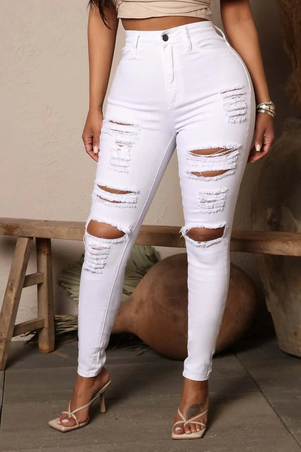 Skinny Fit Women's Distressed Jeans, High Waisted, Stretch Denim, Butt Lifting, Slim Leg