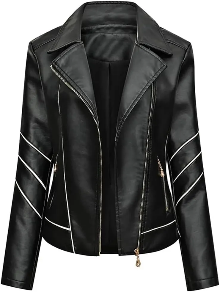 Slim Fit Faux Leather Jacket Women Classic Moto Biker PU Leater Jacket Spring Autumn Basic Zipper Coat