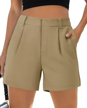 SMENG Khaki Shorts Women Dressy High Waisted 5inch Inseam Soft Pleated Womens Shorts Casual Pockets Trendy 2025 L