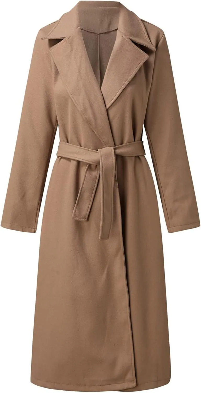 SOMTHRON Women's Wool Blend Pea Coat Open Front Notch Lapel Jacket Trench Coat Winter Long Overcoat with Belt
