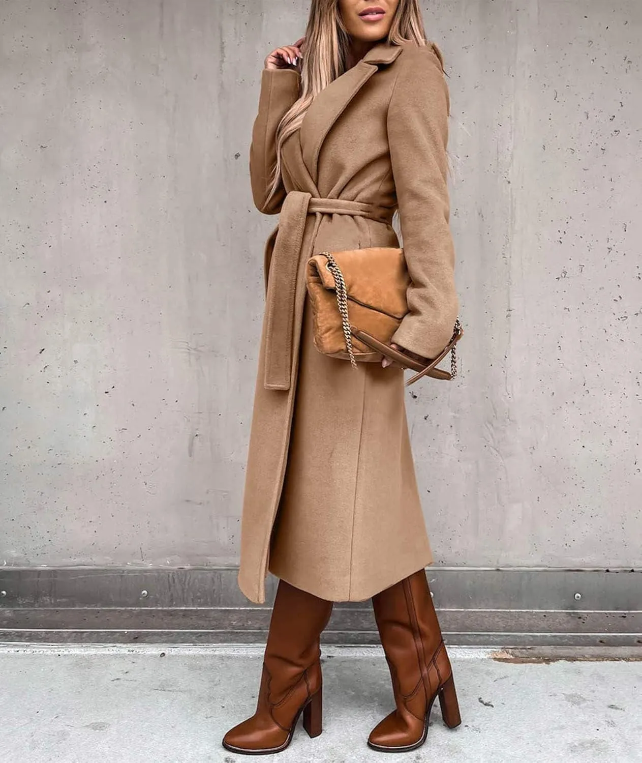 SOMTHRON Women's Wool Blend Pea Coat Open Front Notch Lapel Jacket Trench Coat Winter Long Overcoat with Belt