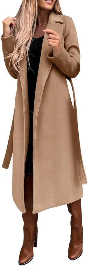 SOMTHRON Women's Wool Blend Pea Coat Open Front Notch Lapel Jacket Trench Coat Winter Long Overcoat with Belt