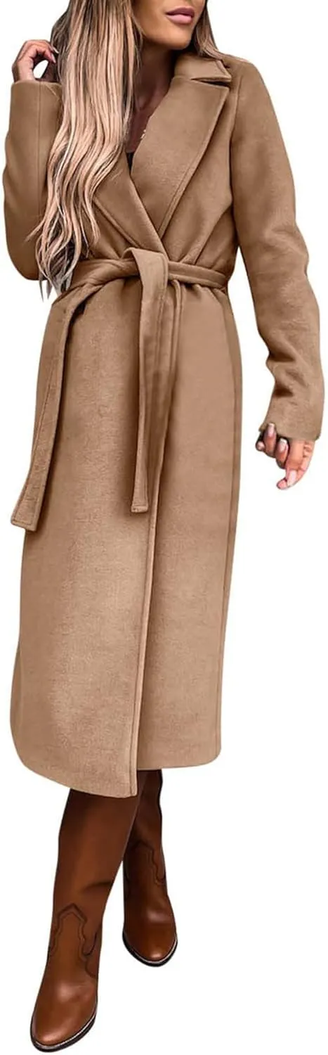 SOMTHRON Women's Wool Blend Pea Coat Open Front Notch Lapel Jacket Trench Coat Winter Long Overcoat with Belt