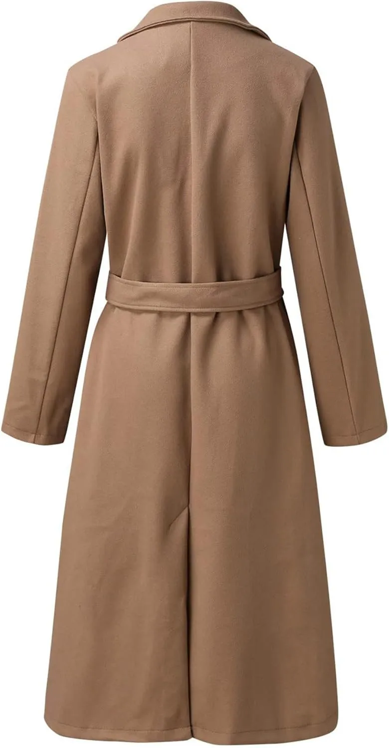 SOMTHRON Women's Wool Blend Pea Coat Open Front Notch Lapel Jacket Trench Coat Winter Long Overcoat with Belt