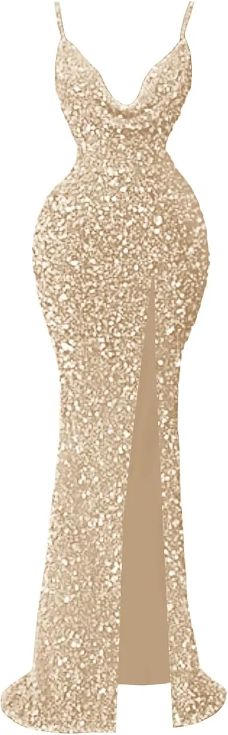 Sparkly Sequin Mermaid Prom Dresses for Women Spaghetti Straps Cowl Neck Long Formal Evening Ball Gowns with Slit