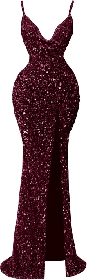 Sparkly Sequin Mermaid Prom Dresses for Women Spaghetti Straps Cowl Neck Long Formal Evening Ball Gowns with Slit