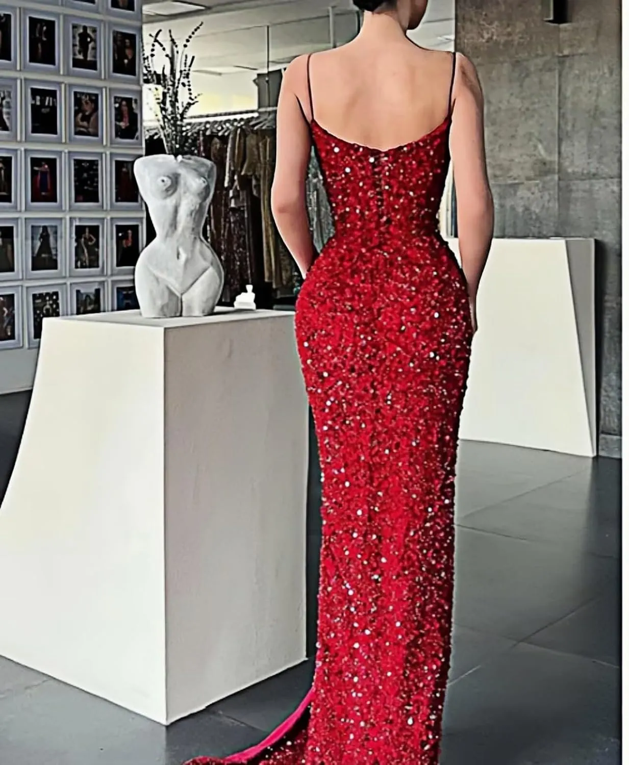 Sparkly Sequin Mermaid Prom Dresses for Women Spaghetti Straps Cowl Neck Long Formal Evening Ball Gowns with Slit