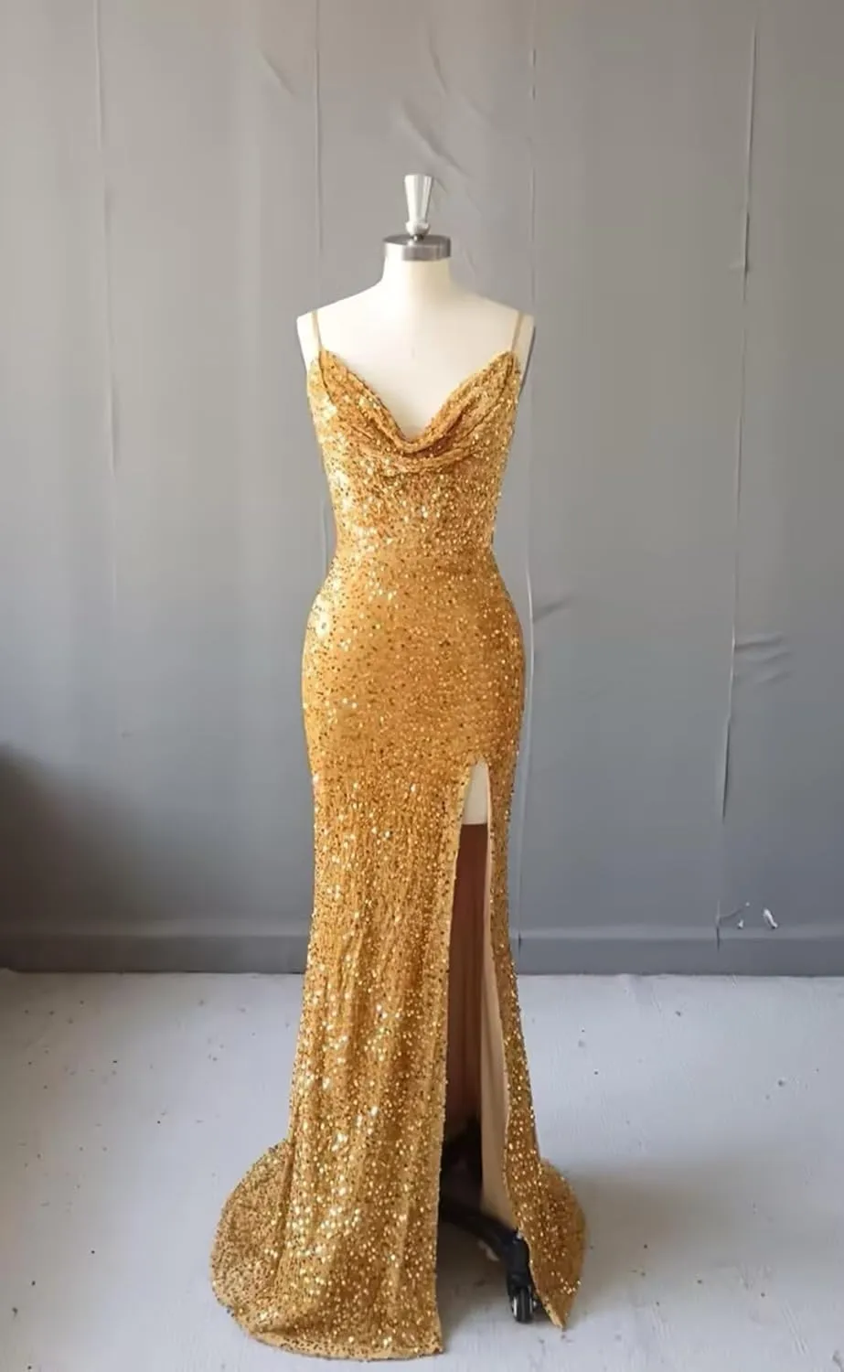 Sparkly Sequin Mermaid Prom Dresses for Women Spaghetti Straps Cowl Neck Long Formal Evening Ball Gowns with Slit