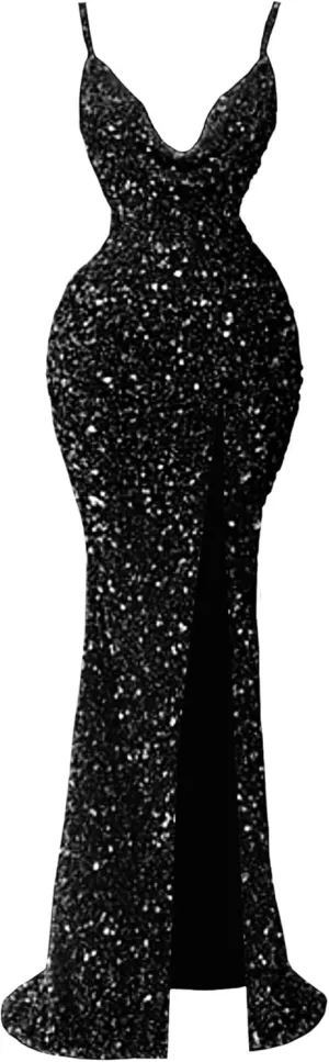 Sparkly Sequin Mermaid Prom Dresses for Women Spaghetti Straps Cowl Neck Long Formal Evening Ball Gowns with Slit