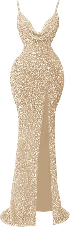 Sparkly Sequin Mermaid Prom Dresses for Women Spaghetti Straps Cowl Neck Long Formal Evening Ball Gowns with Slit