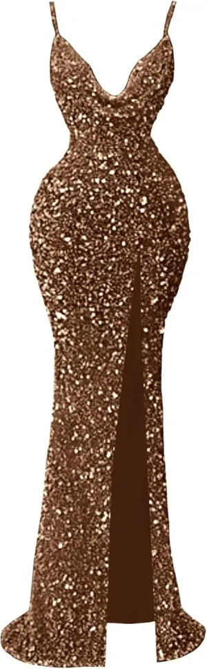 Sparkly Sequin Mermaid Prom Dresses for Women Spaghetti Straps Cowl Neck Long Formal Evening Ball Gowns with Slit