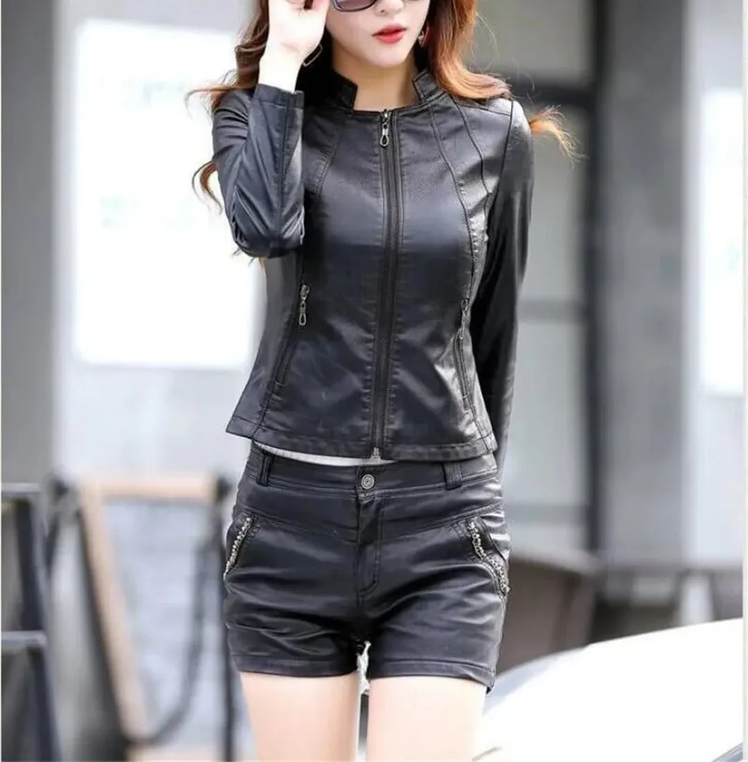 Spring Leather Jacket Women Casual Leather Outerwear Women's Moto Biker Zipper Jackets
