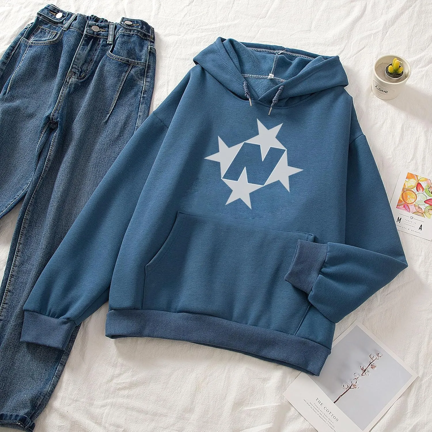 Star Graphic Hoodies For Women Vintage Aesthetic Streetwear Sweatshirt With Pockets Retro Printed Fleece Pullover