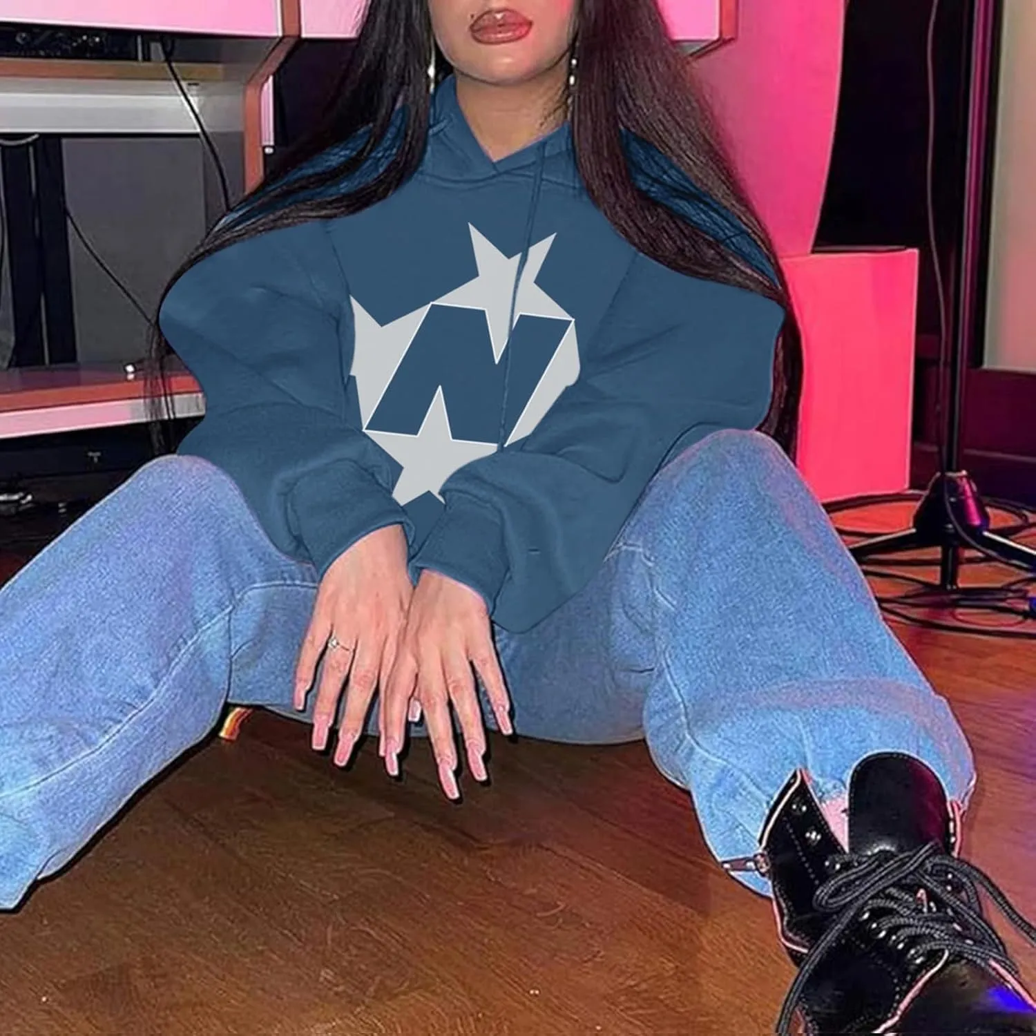 Star Graphic Hoodies For Women Vintage Aesthetic Streetwear Sweatshirt With Pockets Retro Printed Fleece Pullover