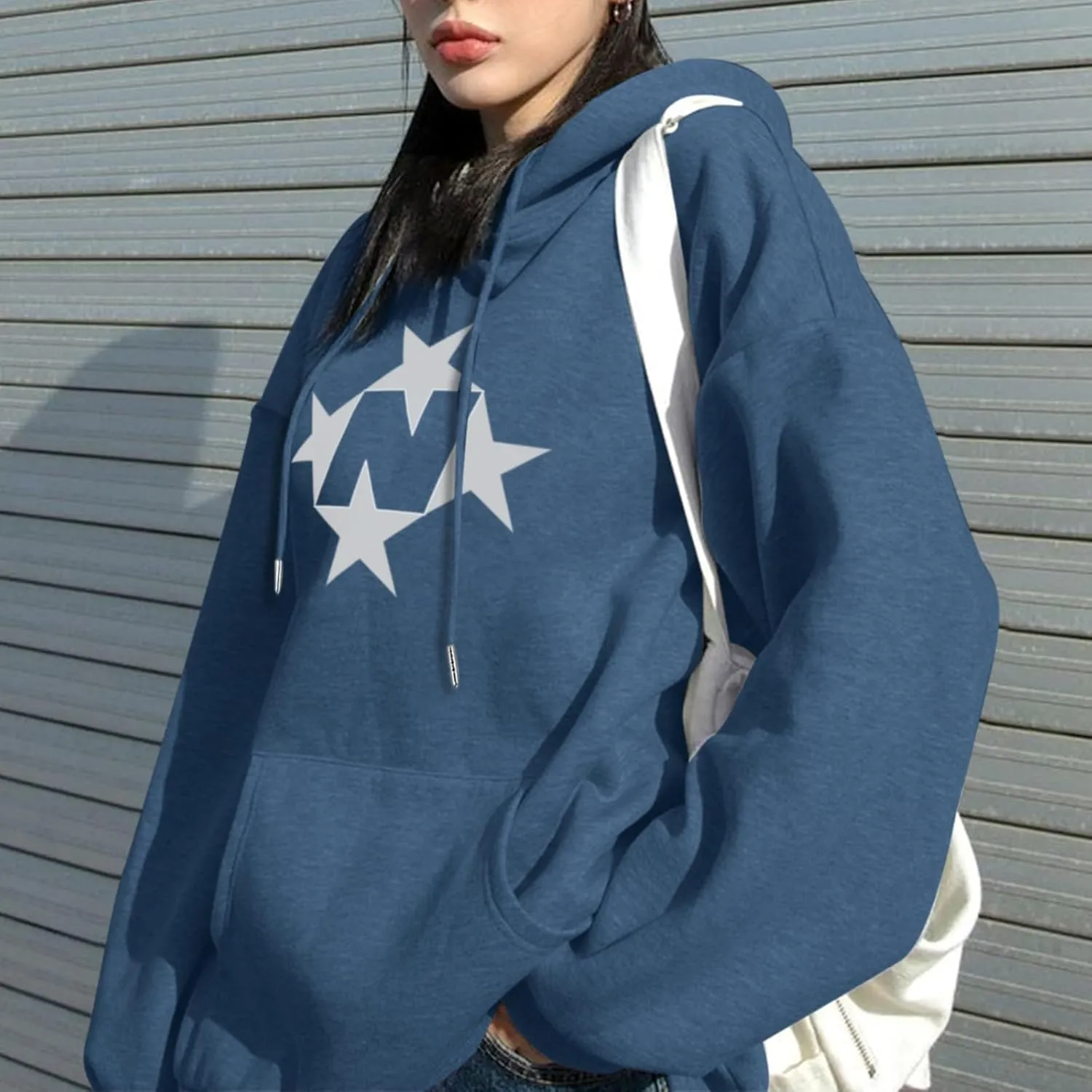 Star Graphic Hoodies For Women Vintage Aesthetic Streetwear Sweatshirt With Pockets Retro Printed Fleece Pullover