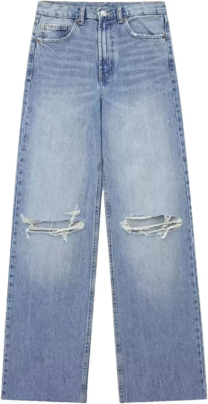 Streetwear Ripped Jeans for Women High Waist Wide Leg Blue Denim Pants Fashion Basic Straight Jeans