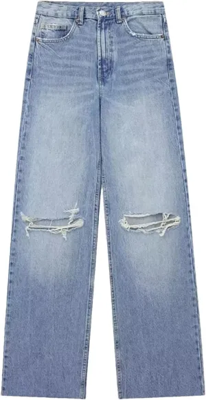 Streetwear Ripped Jeans for Women High Waist Wide Leg Blue Denim Pants Fashion Basic Straight Jeans