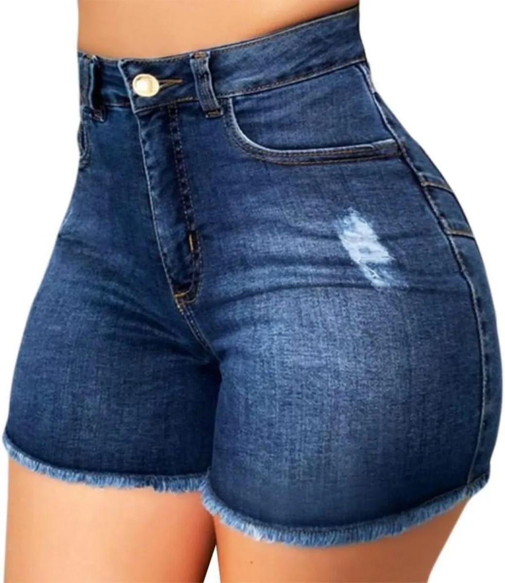 Stretchy Jean Shorts for Women High Waisted Butt Lifting Summer Shorts Distressed Raw Hem Booty Denim Shorts