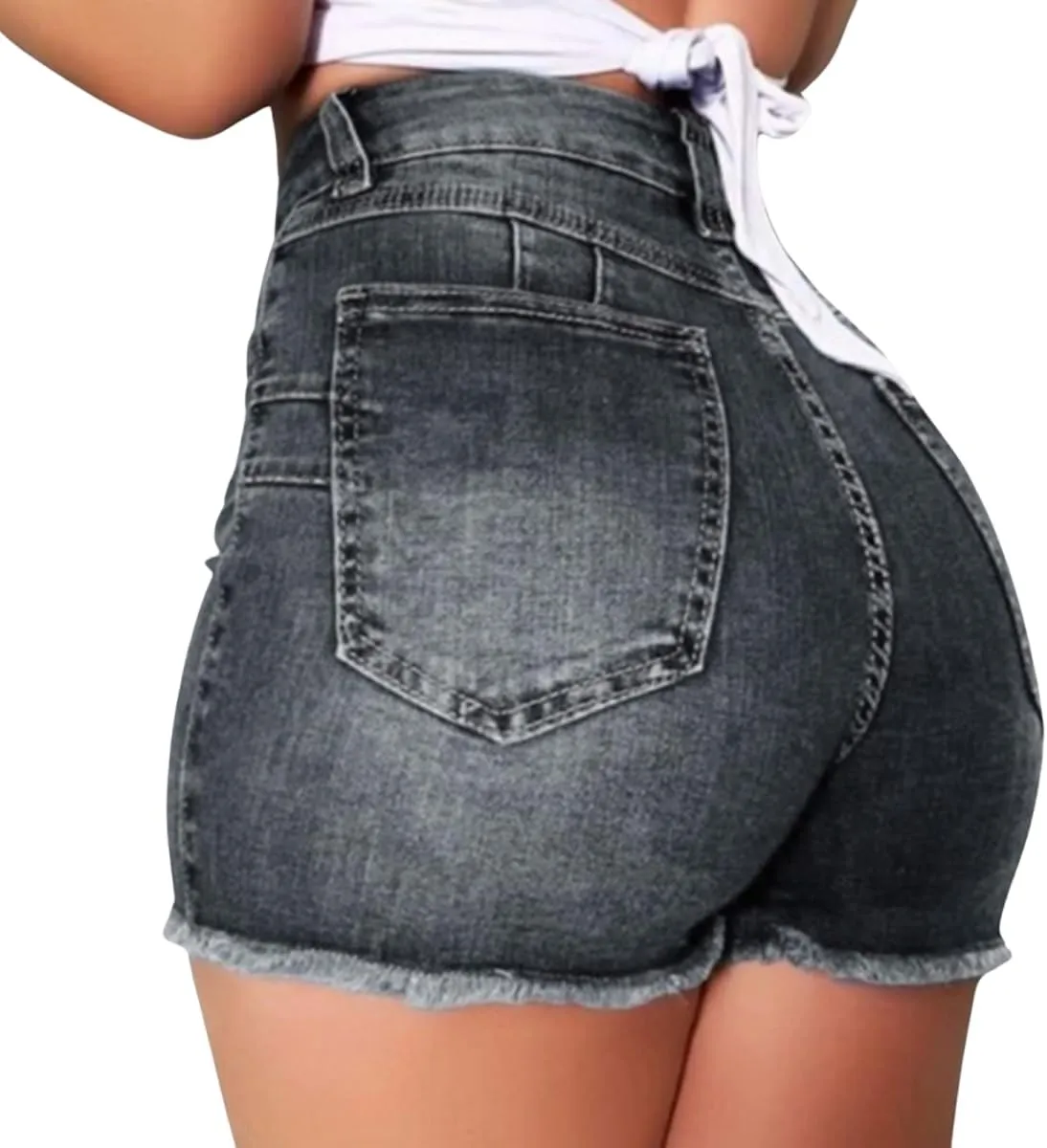Stretchy Jean Shorts for Women High Waisted Butt Lifting Summer Shorts Distressed Raw Hem Booty Denim Shorts