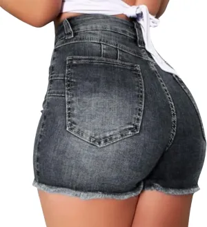 Stretchy Jean Shorts for Women High Waisted Butt Lifting Summer Shorts Distressed Raw Hem Booty Denim Shorts