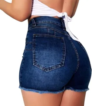 Stretchy Jean Shorts for Women High Waisted Butt Lifting Summer Shorts Distressed Raw Hem Booty Denim Shorts