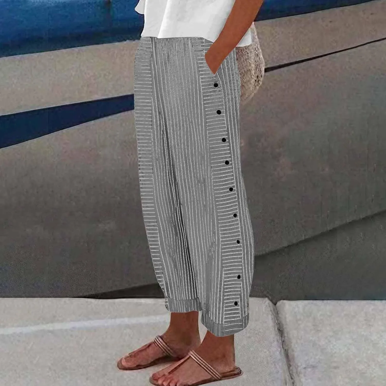 Striped Pants Women Elastic High Waisted Baggy Wide Leg Pants Vintage Cropped Trouser Lounge Pants with Pockets