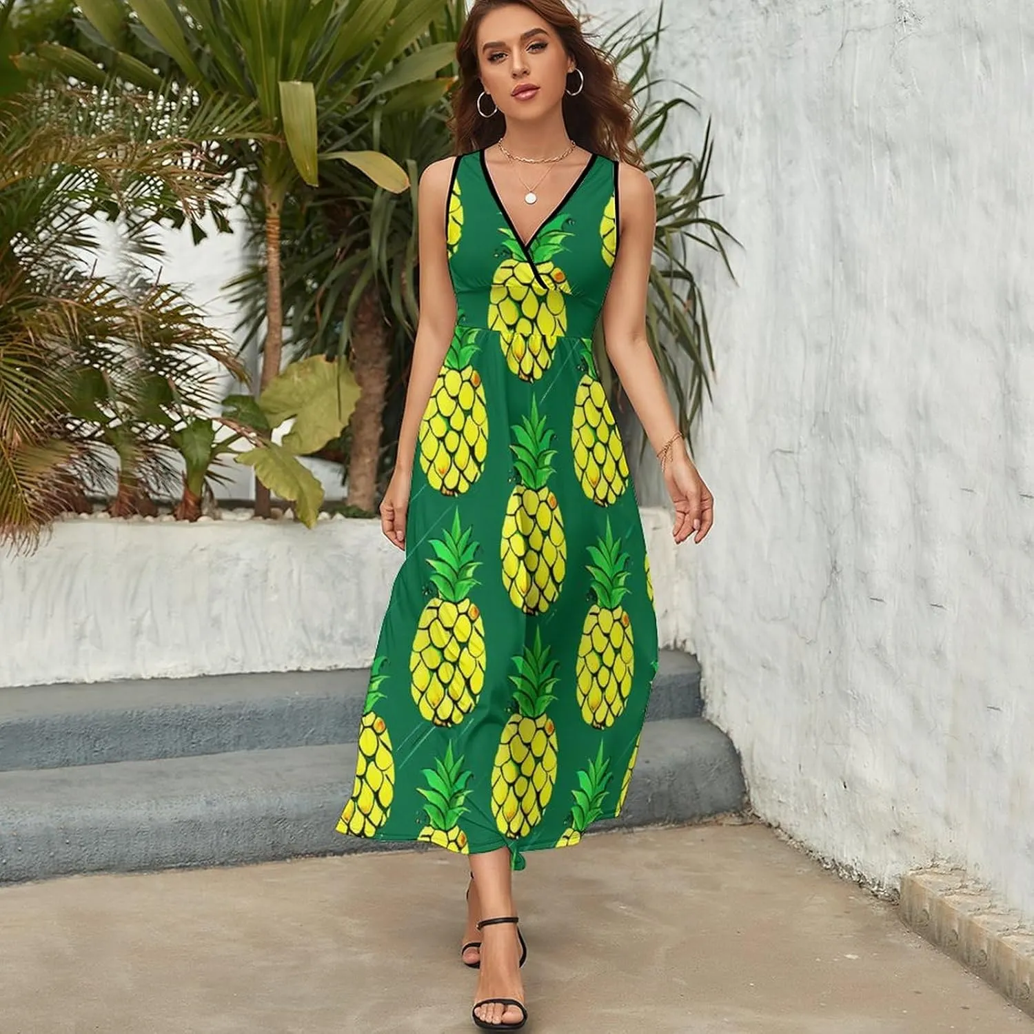 Summer Casual Tunic Dress V-Neck Sleeveless Fitted Beach Swing Dress