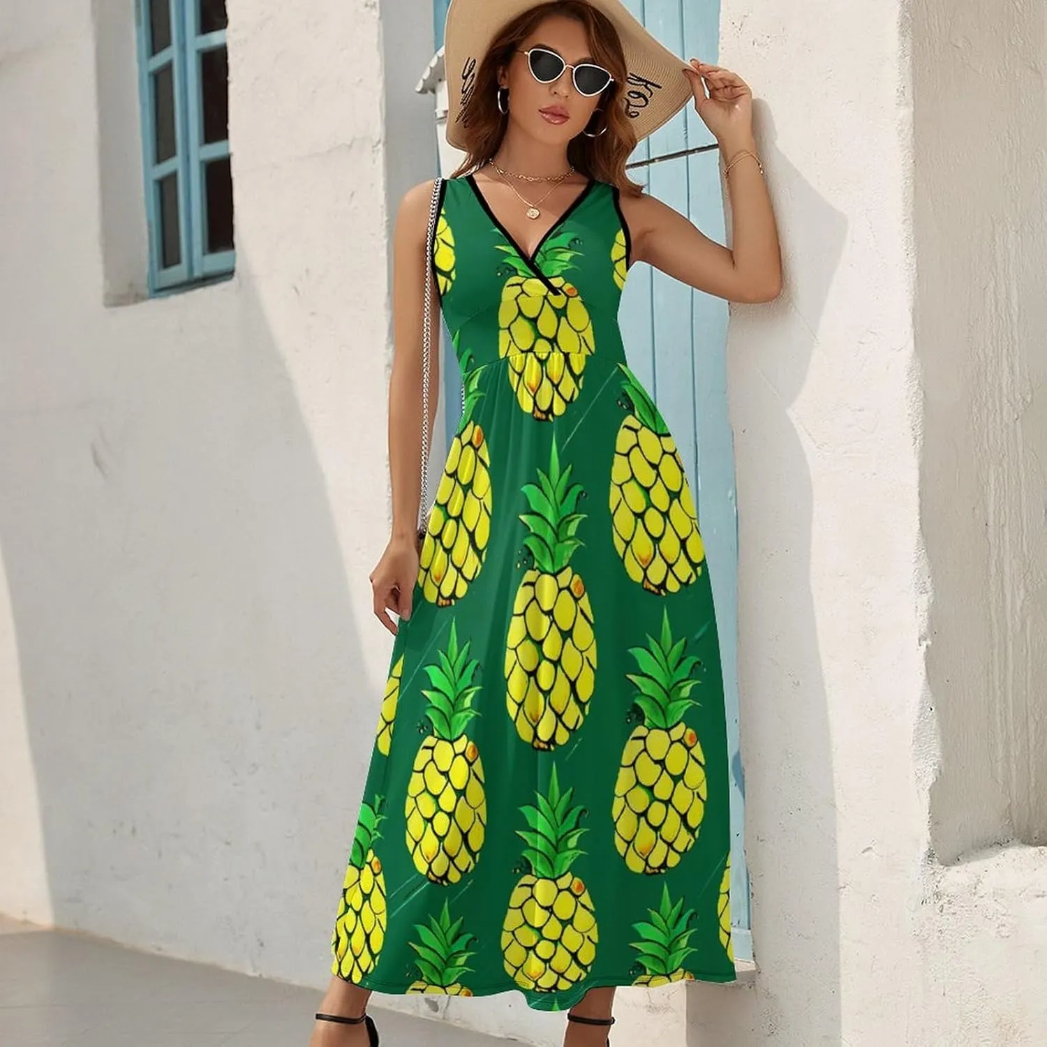 Summer Casual Tunic Dress V-Neck Sleeveless Fitted Beach Swing Dress