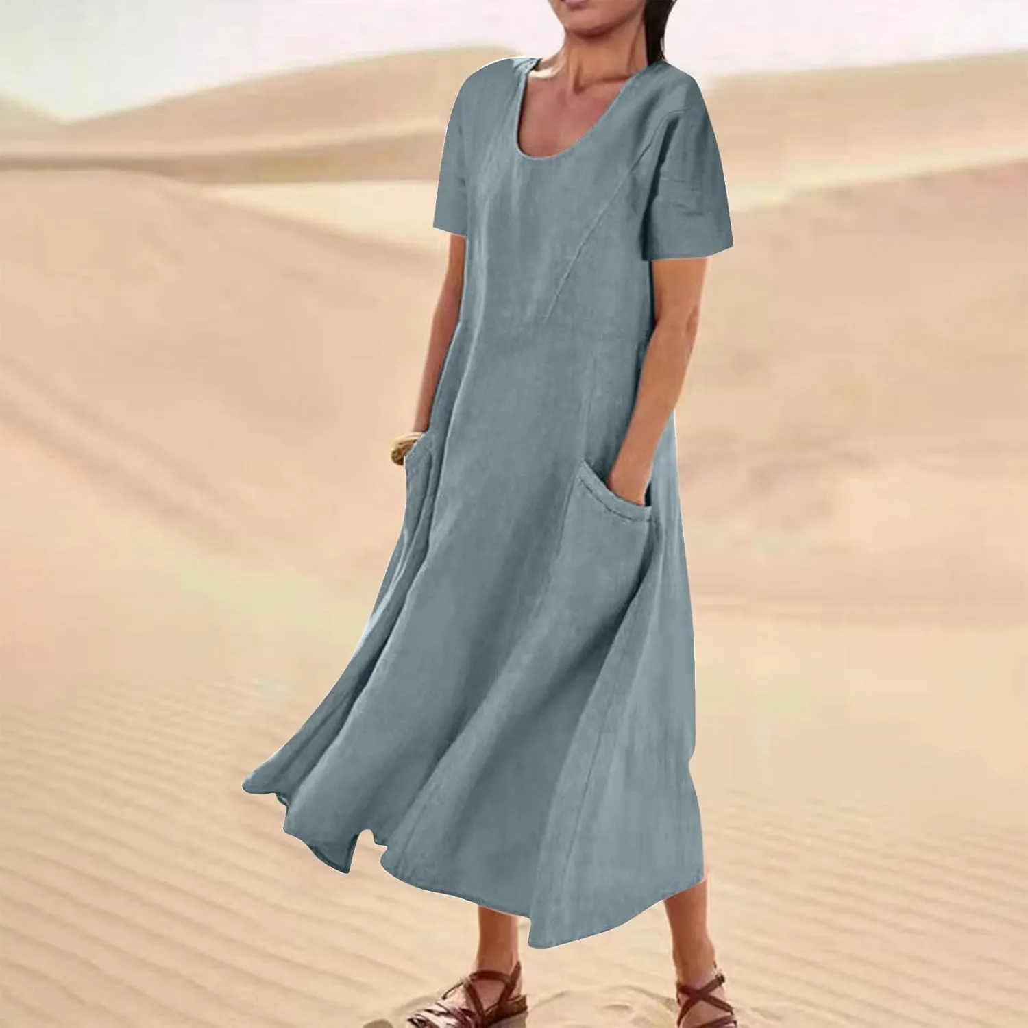 Summer Dresses for Women 2025 Flowy Cotton Linen Tshirt Dress Beach Vacation Maxi Short Sleeve Sundress with Pockets
